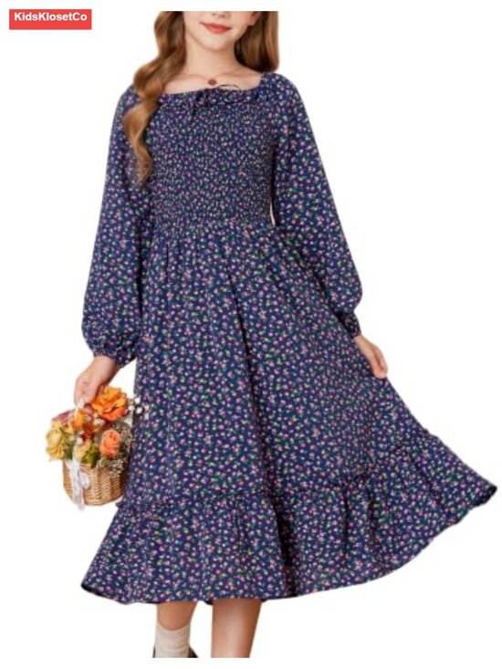 Other - Girls Floral Maxi Dress Long Sleeve Square Neck Smocked Fall Casual 6-14Y